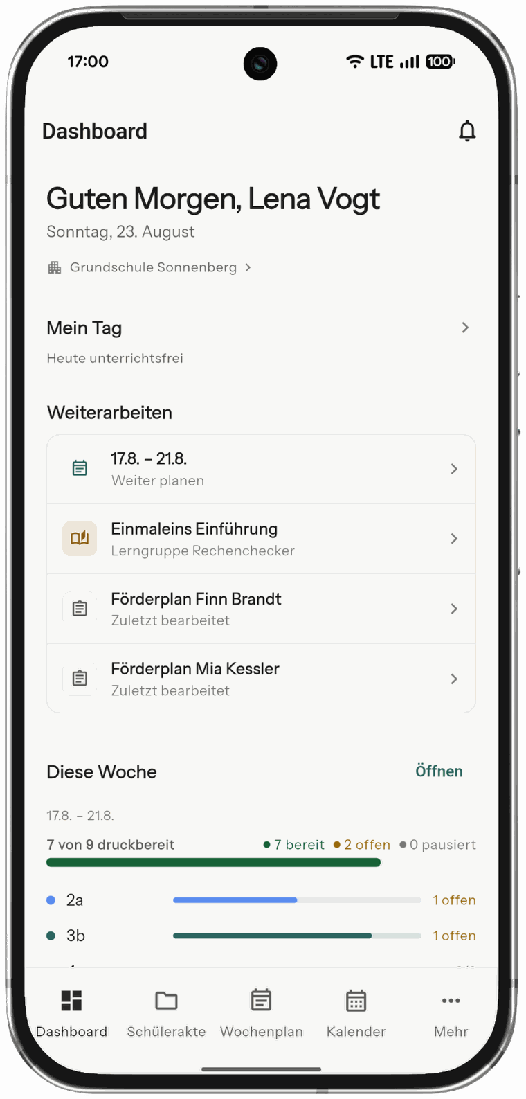 Eduvida auf dem Smartphone: Dashboard mit Mein Tag, Weiterarbeiten und dem Stand der aktuellen Woche