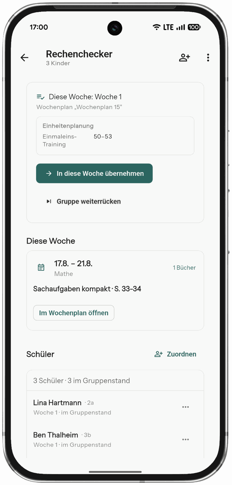Eduvida auf dem Smartphone: Lerngruppe Rechenchecker mit Einheitenplanung, aktueller Woche und Schülerzuordnung