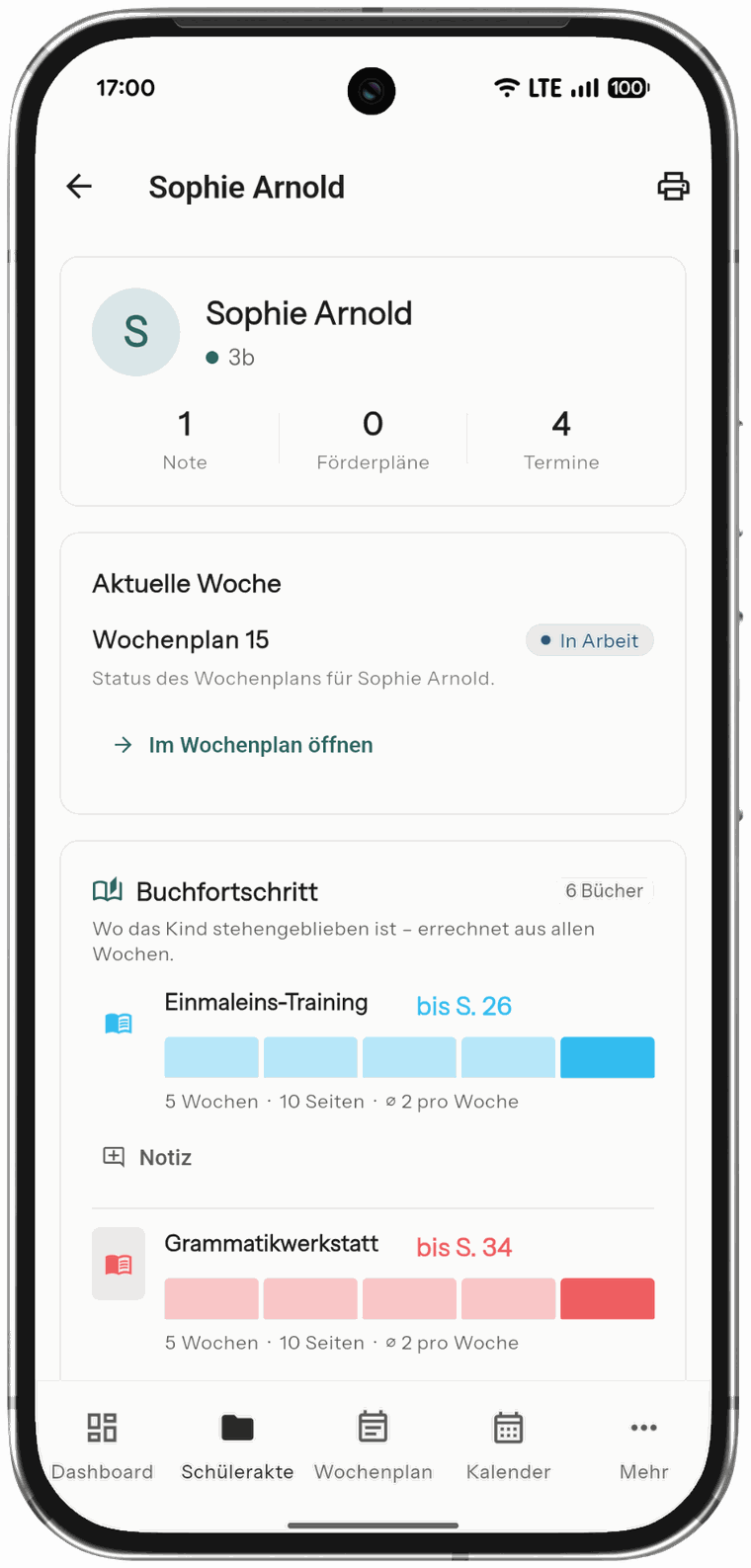 Eduvida auf dem Smartphone: Schülerakte mit Wochenplanstatus und Buchfortschritt