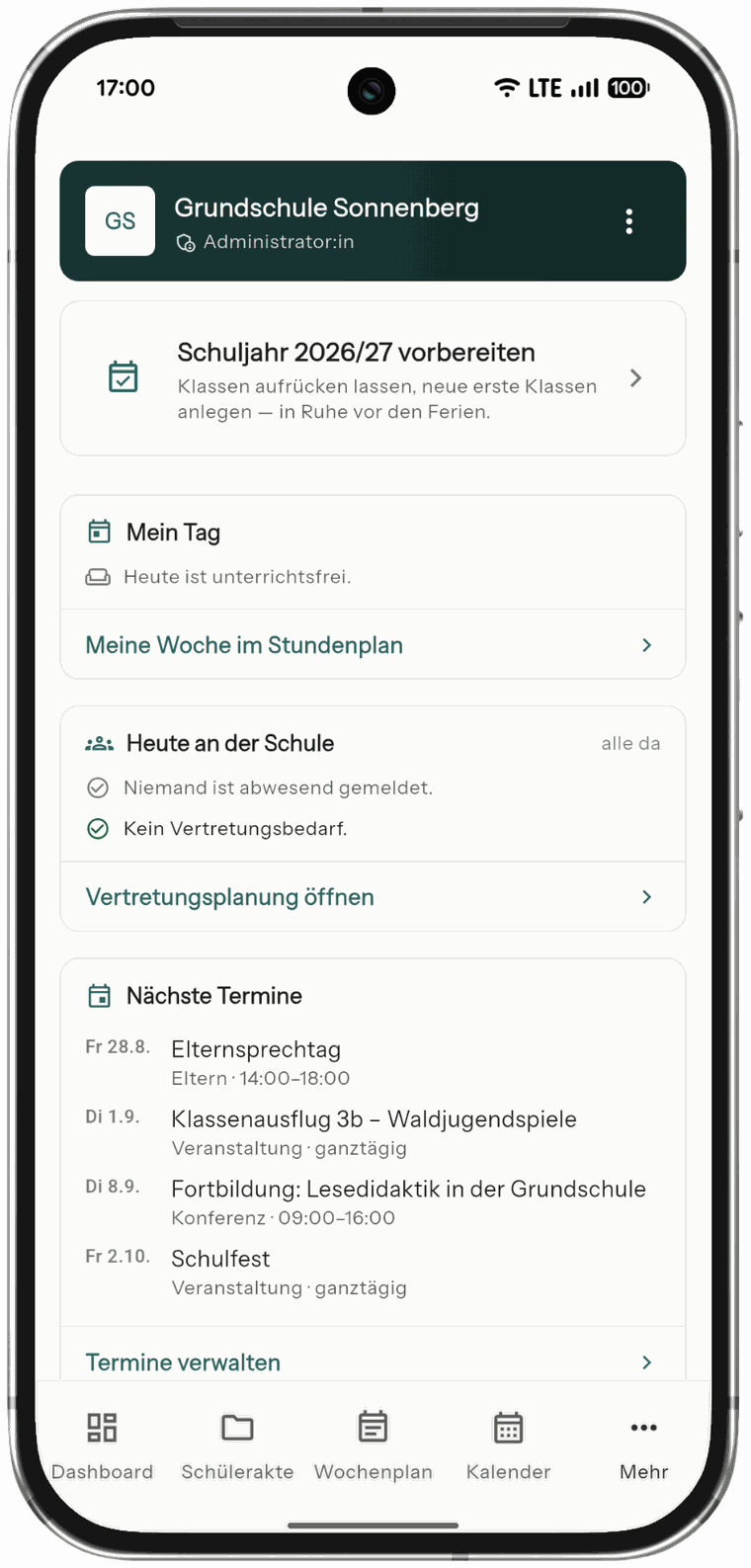 Eduvida auf dem Smartphone: Schulbereich mit Mein Tag, Vertretungsplanung und nächsten Terminen