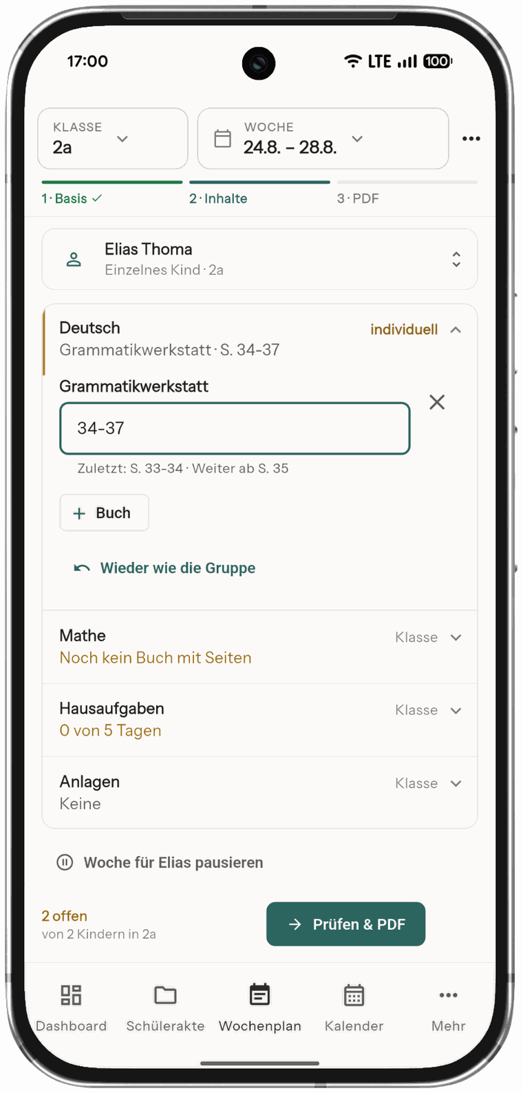 Eduvida auf dem Smartphone: Wochenplan für Elias Thoma, Deutsch individuell angepasst, Mathe, Hausaufgaben und Anlagen bleiben auf Klassenebene